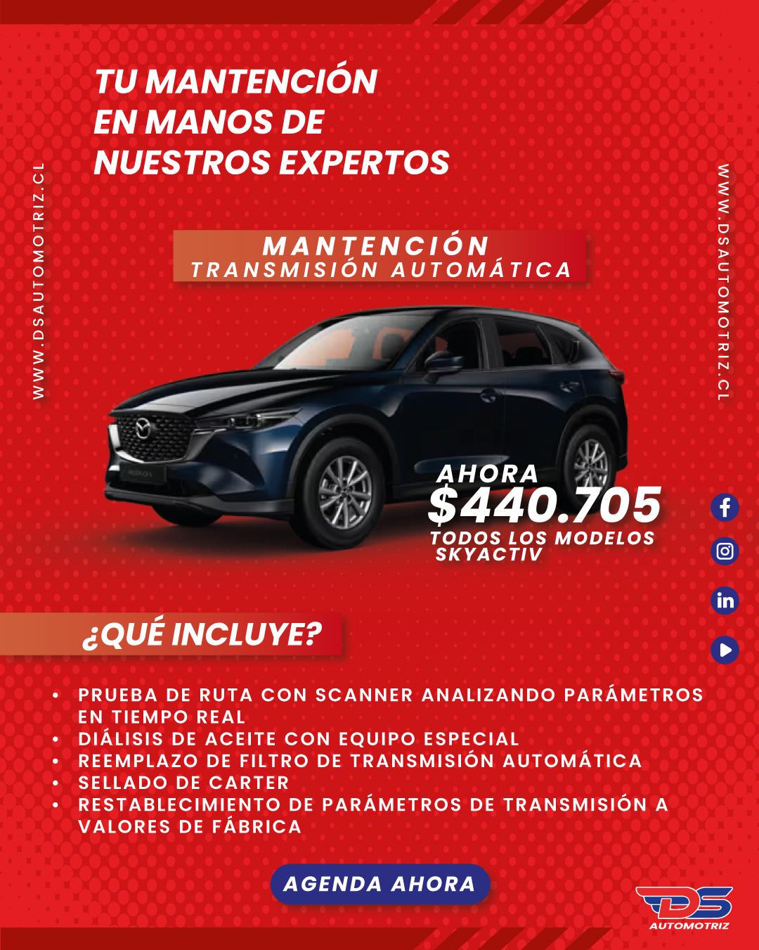 Que tu auto no pierda el ritmo!
La transmisión automática es el corazón del rendimiento de tu vehículo.
Un mantenimiento a tiempo evita reparaciones costosas y asegura que cada cambio de marcha sea suave, seguro y sin sobresaltos.

👉 En DS Automotriz tenemos la promo perfecta para ti: descuento especial en el mantenimiento de tu transmisión automática.

🔧 Dale a tu auto el cuidado que merece y maneja con confianza.
📅 ¡Agenda hoy y aprovecha esta oportunidad!