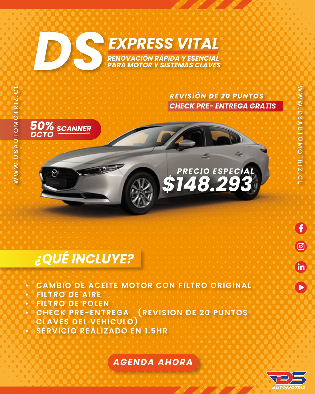 ¡Tu tiempo es oro y tu auto lo sabe!
En DS Automotriz creamos un servicio exclusivo pensado para ti: 𝗗𝗦 𝗘𝘅𝗽𝗿𝗲𝘀𝘀 𝗩𝗶𝘁𝗮𝗹, el mantenimiento rápido, completo y confiable que tu vehículo necesita.

✅ Fácil de agendar
✅ Rápido en ejecución
✅ Vital para el buen rendimiento de tu auto

Con DS Express Vital tu auto recibe el cuidado esencial en poco tiempo, para que sigas tu día sin interrupciones y con la seguridad de siempre.

📅 Agenda hoy mismo tu servicio express y vive la tranquilidad
