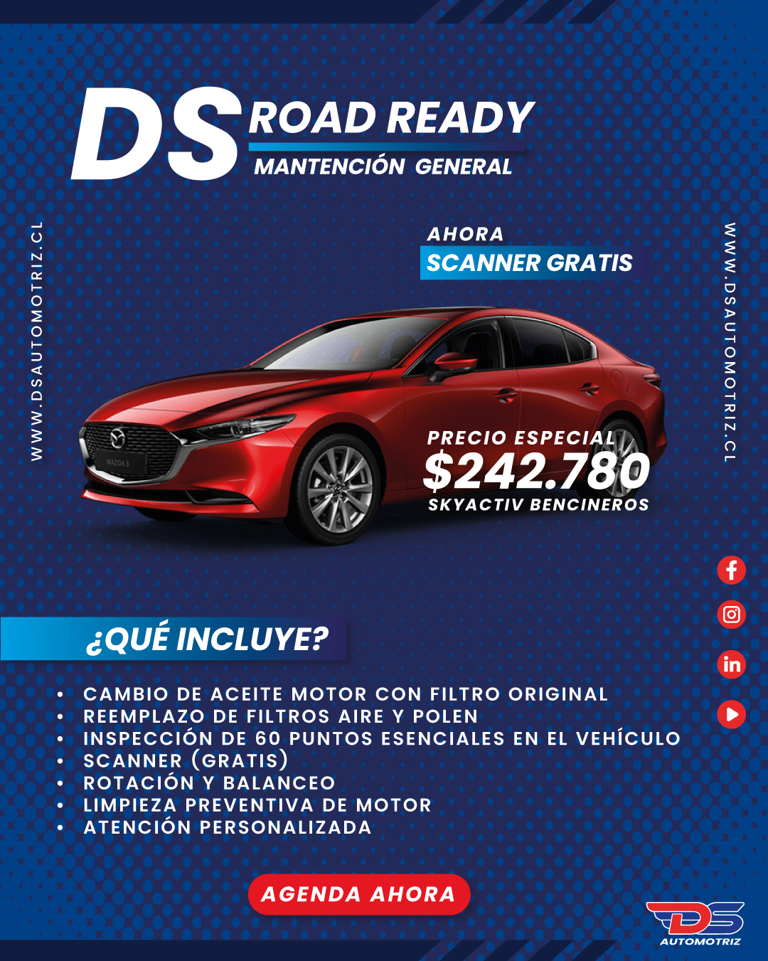 ¡Prepárate para la ruta con 𝗗𝗦 𝗥𝗼𝗮𝗱 𝗥𝗲𝗮𝗱𝘆! 🔧
En DS Automotriz creamos un servicio exclusivo pensado en ti y en tu auto.

Con esta mantención tu vehículo queda listo para enfrentar cualquier camino con seguridad, confianza y el rendimiento que mereces.

✅ Revisión completa
✅ Prevención de fallas
✅ Tranquilidad para ti y tu familia

👉 No dejes tu viaje al azar. Con 𝗗𝗦 𝗥𝗼𝗮𝗱 𝗥𝗲𝗮𝗱𝘆, tu auto siempre estará listo para la ruta.

📅 Agenda hoy y maneja con confianza