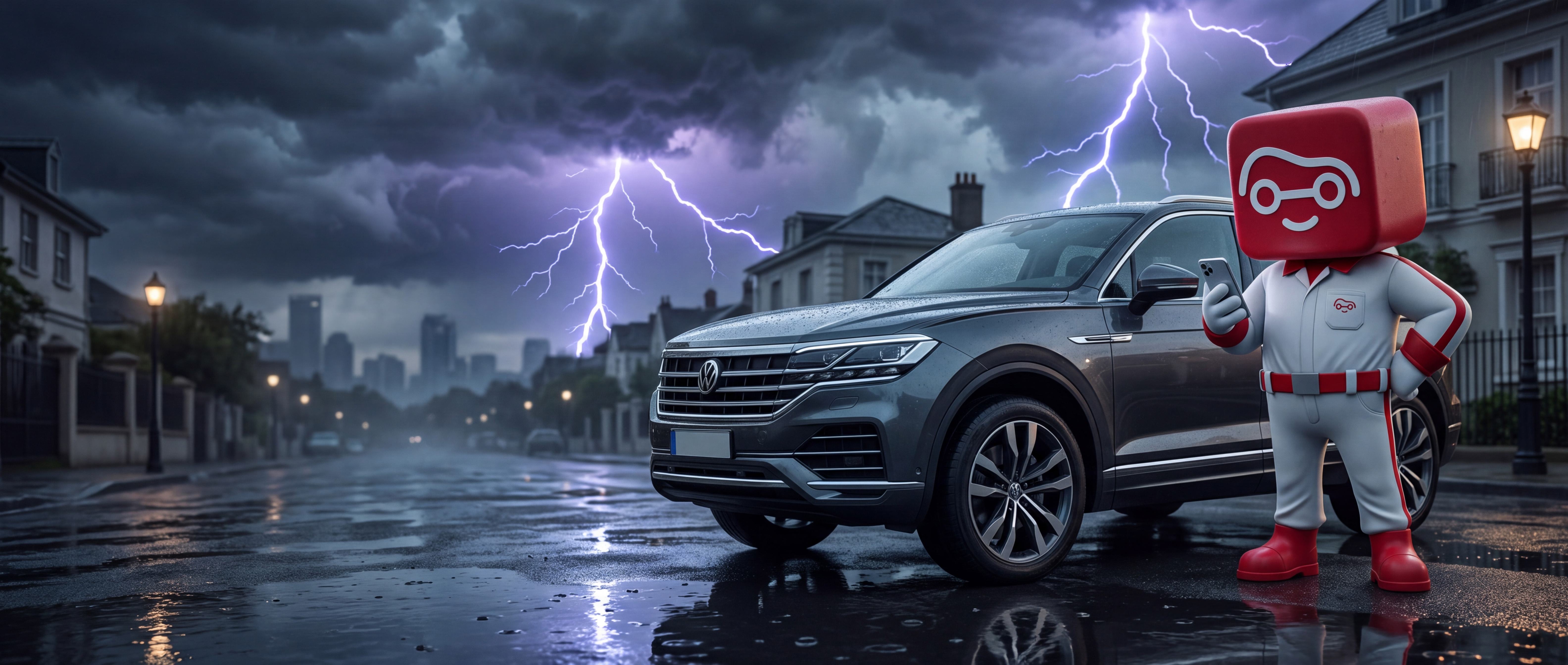 Portalín junto a un auto durante una tormenta eléctrica